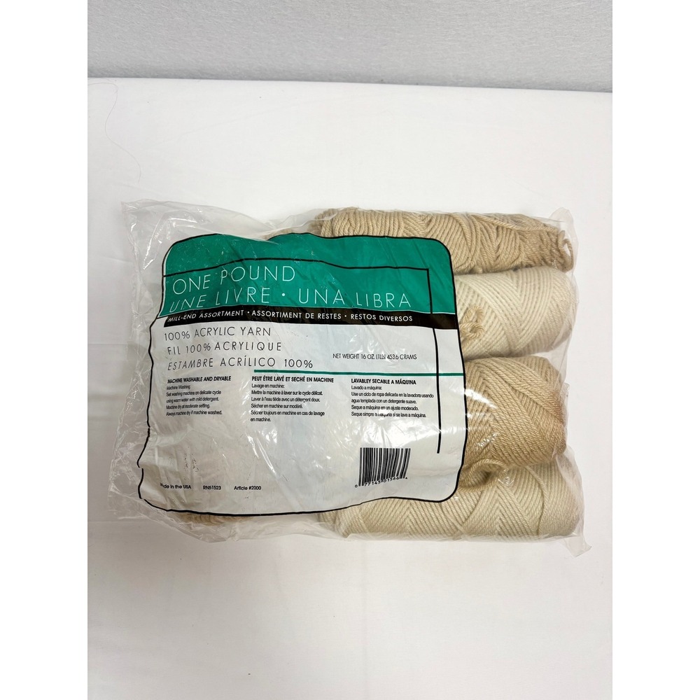 One Pound Mill-End Assortment 100% Acrylic Yarn Neutral Cream Tan 16oz Bag